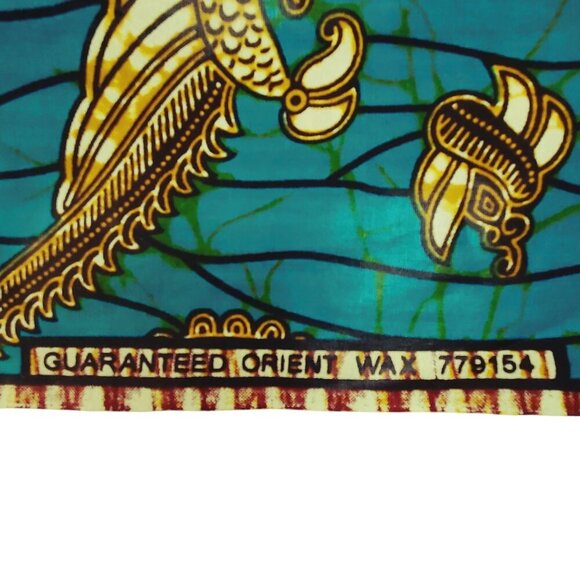 Guaranteed Orient African Wax Print Fabric 36x45 Inches 1 Yd Turquoise & Gold - Picture 2 of 5